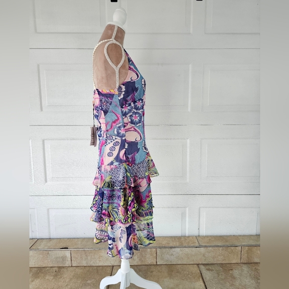Peppe Peluso Boho Halter Dress L Bright Abstract Print Tiered Ruffle Summer - Picture 6 of 16